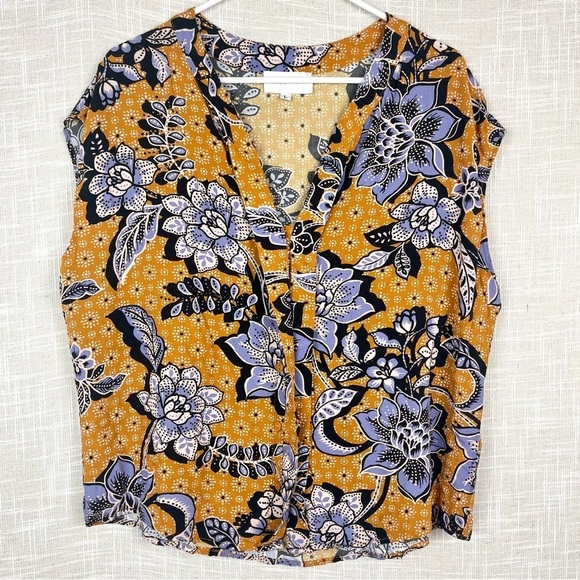 Anthropologie Corey Lynn Calter Mustard Gold Purple Floral Cap Sleeve Gia Blouse - Picture 3 of 5